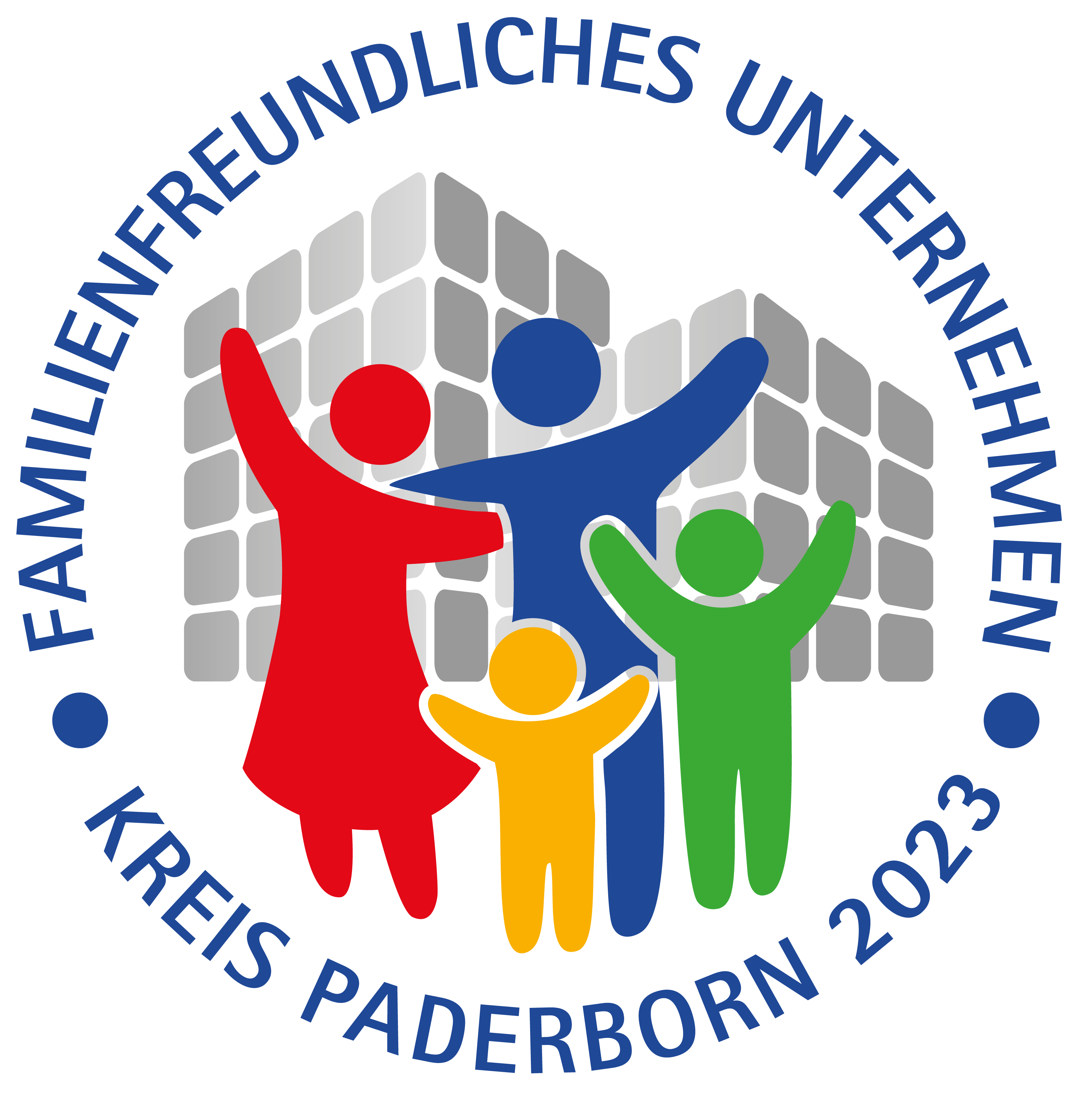 Logo "Familienfreundliches Unternehmen" Kreis Paderborn 2023. Buntgefärbte Familien-Zeichnung.
